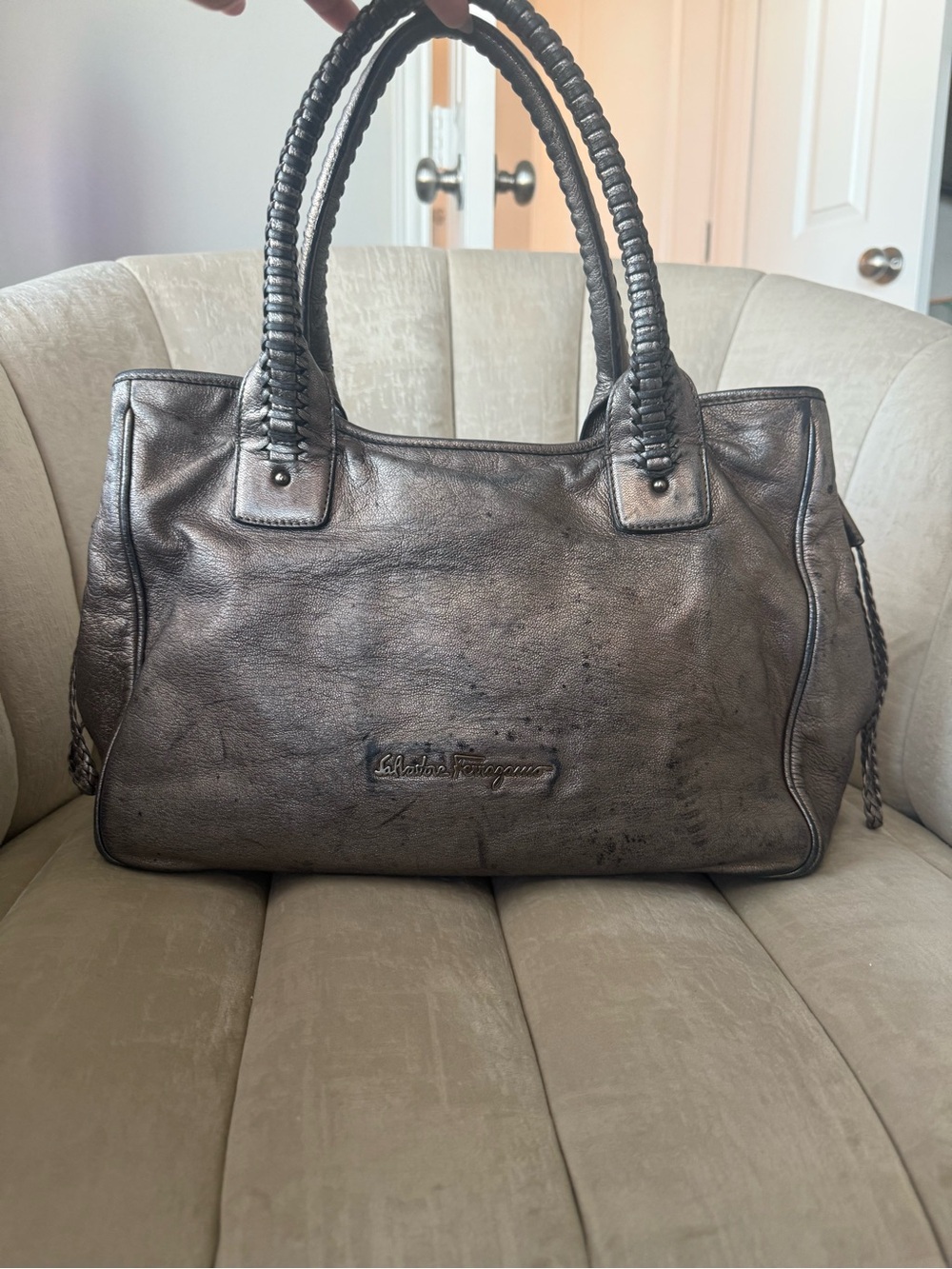 Ferragamo metallic braided handle tote